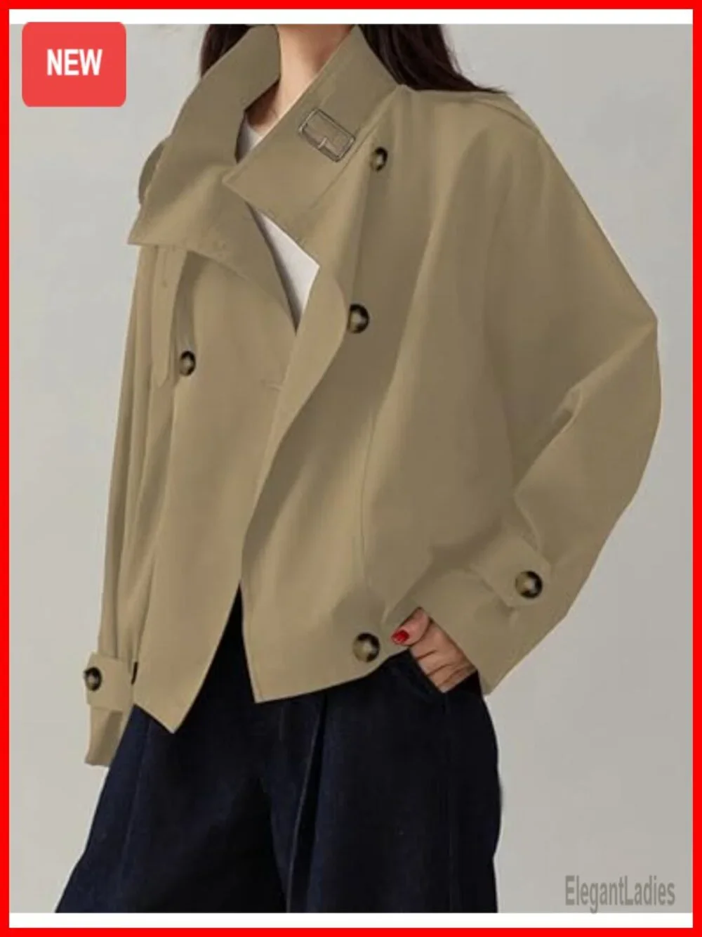 Trendy Vintage Trench Coat Crop Jacket with Pockets